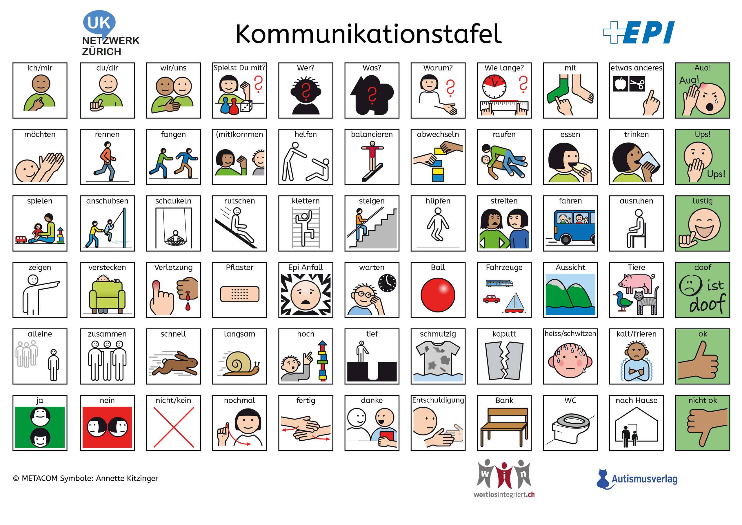 Die Piktogramme auf der inklusiven Spielplatztafel wurden speziell für die Nutzung auf dem Spielplatz ausgewählt und erlauben so eine optimale Kommunikationshilfe für Menschen mit sprachlichen Einschränkungen.